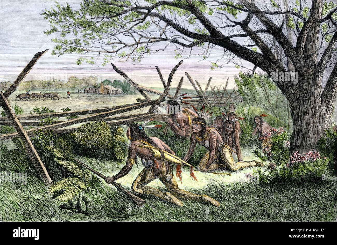 Gebürtige Amerikaner Vorbereiten eines weißen Siedler home in Angriff zu nehmen. Hand - farbige Holzschnitt Stockfoto