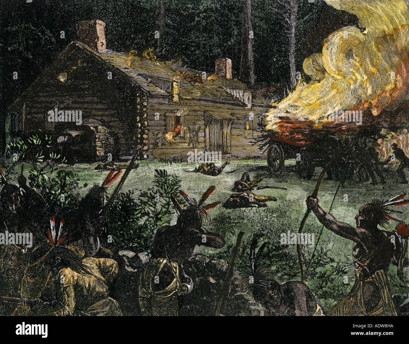 Native Americans nacht Angriff Einstellung einer Pionier Cabin am Kaminfeuer. Hand - farbige Holzschnitt Stockfoto