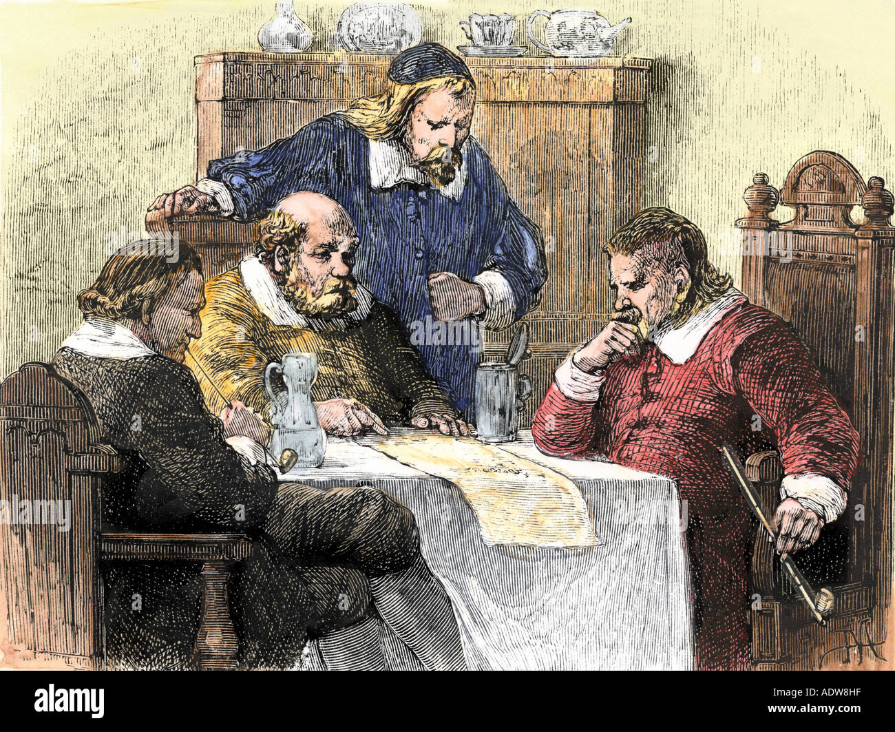 Gouverneur Wilhelm Kieft und seinem niederländischen Kollegen Verschwörung gegen Native Americans in New Holland 1640er. Hand - farbige Holzschnitt Stockfoto
