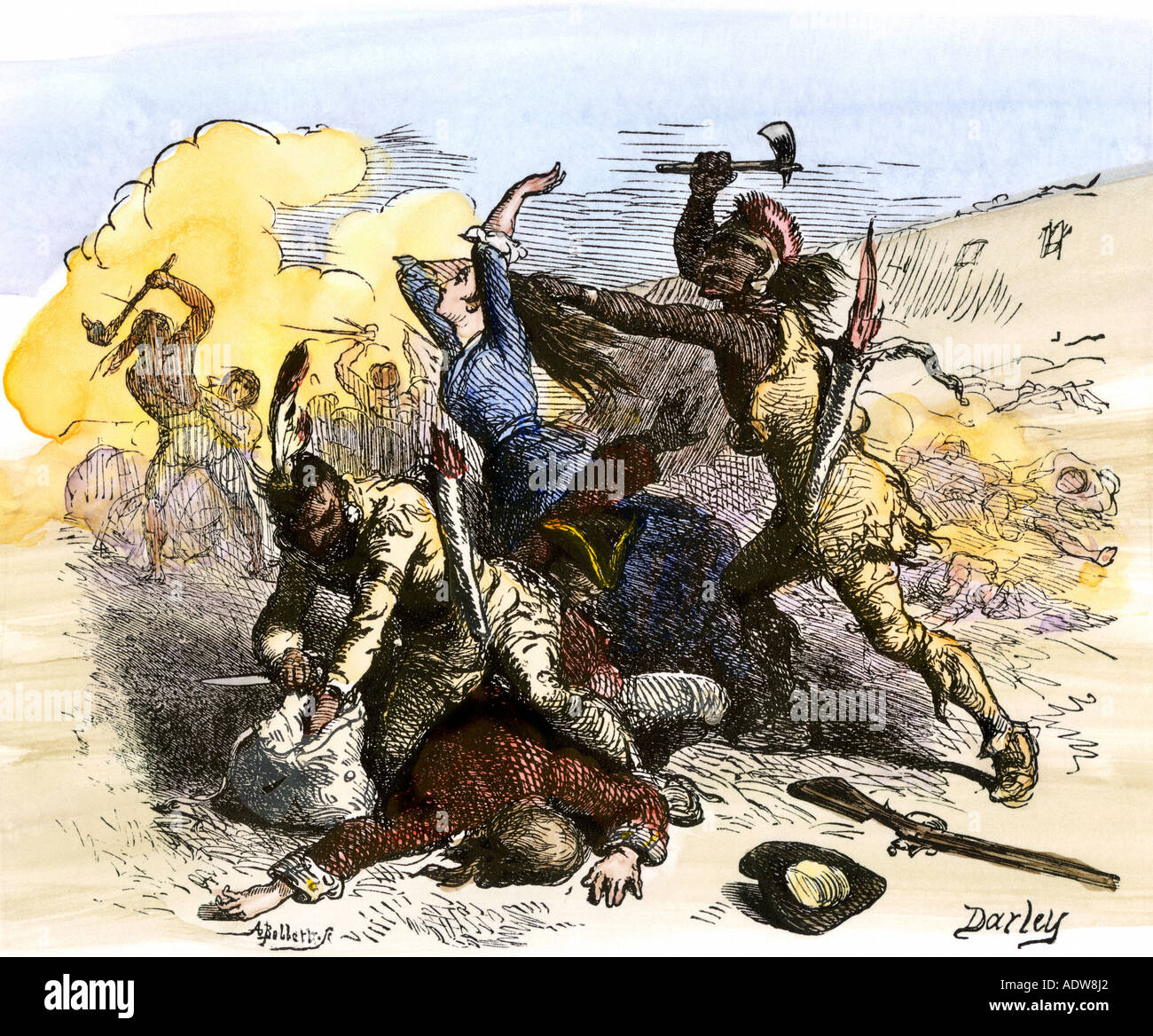 Siedler massakriert, während französische und indische Erfassung von Fort William Henry auf See George New York 1757. Hand - farbige Holzschnitt Stockfoto