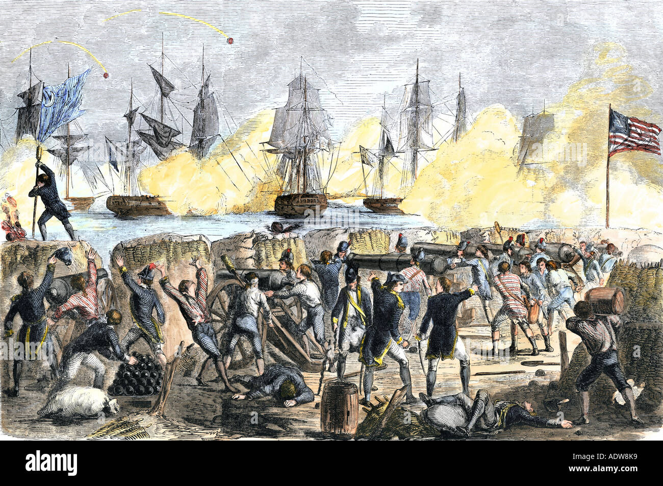 Britische Angriff Fort Moultrie im Hafen von Charleston South Carolina 1776. Hand - farbige Holzschnitt Stockfoto