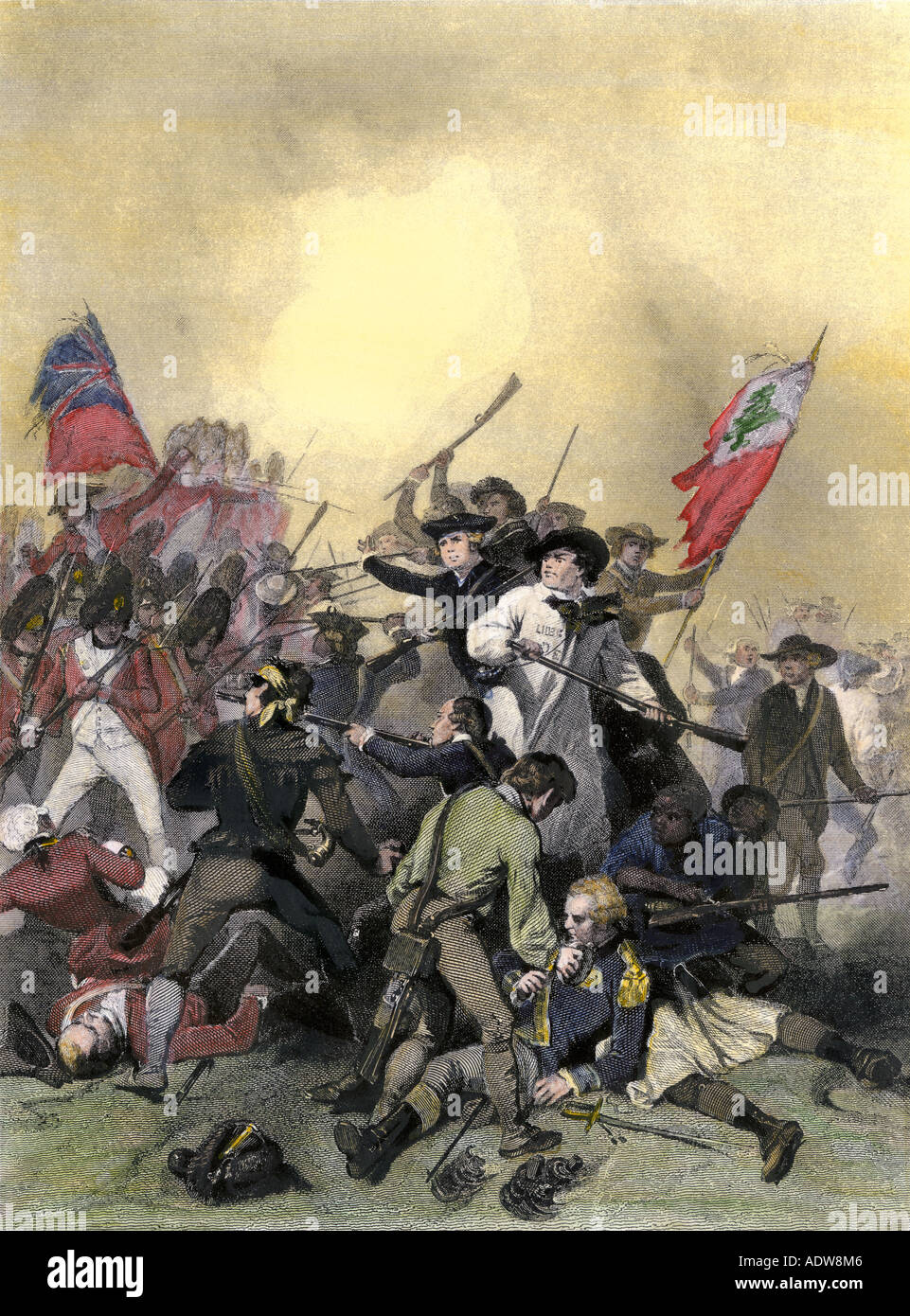 Minutemen in der Schlacht von Bunker Hill am Ausbruch der amerikanischen Revolution 1775. Handcolorierte Stahlstich Stockfoto