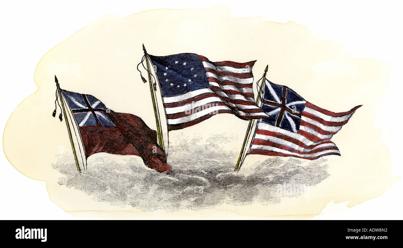 Entwicklung der US-Flagge von der britischen, der Stern links auf die Grand Union Flag rechts auf die 13 Star flag Center. Hand - farbige Holzschnitt Stockfoto