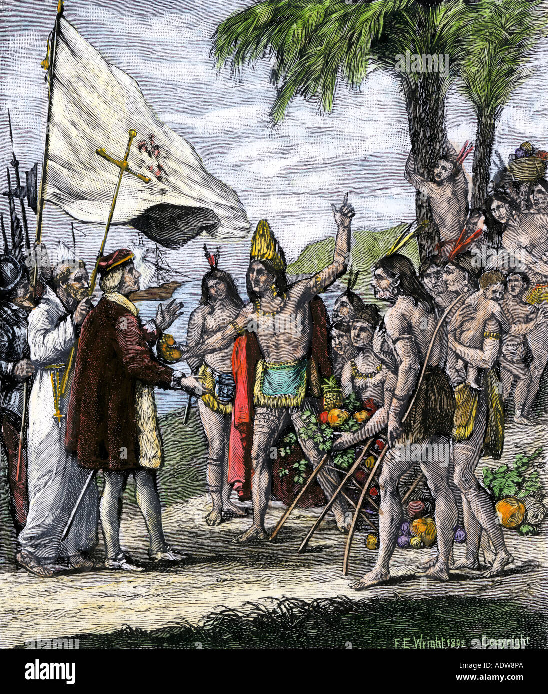 Kubanische native chief Adressen Christopher Columbus auf die Unsterblichkeit der Seele. Hand - farbige Holzschnitt Stockfoto