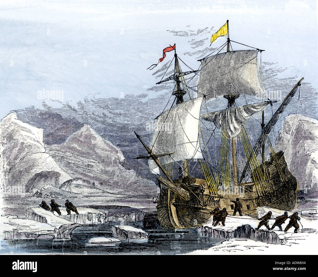 Willem Barents Expedition im arktischen Eis bei Nova Zembla auf der Suche nach einer nordostpassage 1500. Hand - farbige Holzschnitt Stockfoto