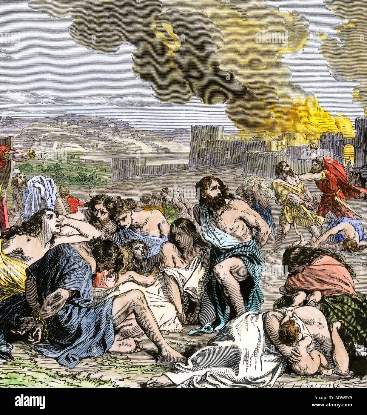 Fall von Jerusalem Beginn der Babylonischen Gefangenschaft der Juden 500 v. Chr.. Hand - farbige Holzschnitt Stockfoto