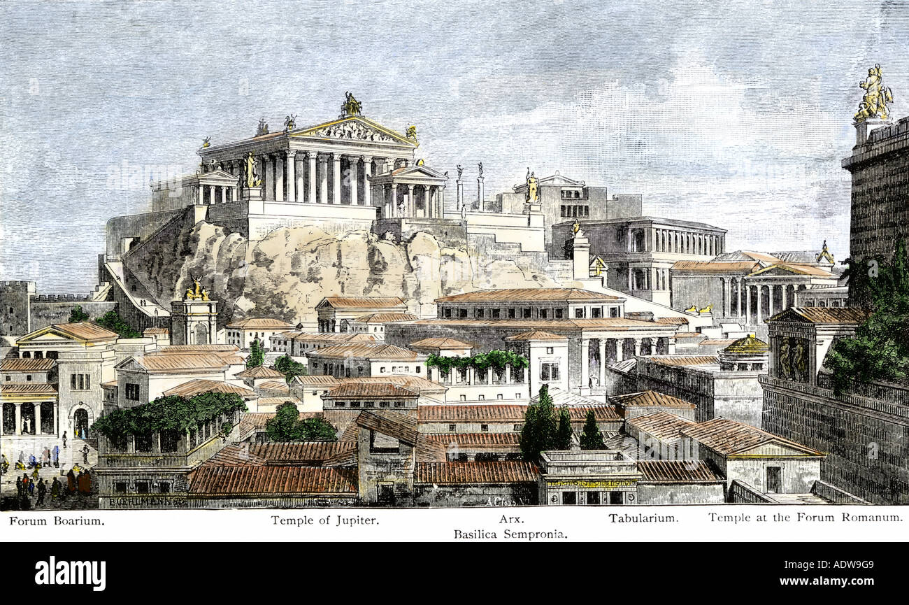 Stadt des antiken Rom vom Berg Pfalz gesehen. Hand - farbige Holzschnitt Stockfoto