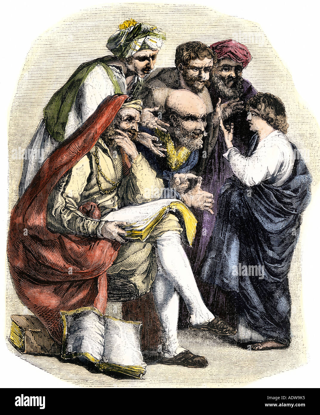 Juden Lehre ein Kind die Gesetze im alten Israel. Hand - farbige Holzschnitt Stockfoto