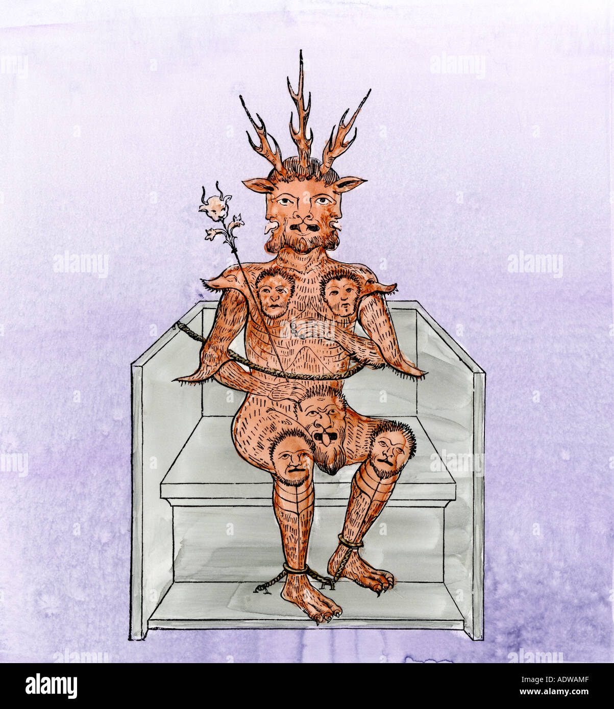 Fürst der Finsternis auf seinem Thron von einem Manuskript des 1400. Hand - farbige Holzschnitt Stockfoto