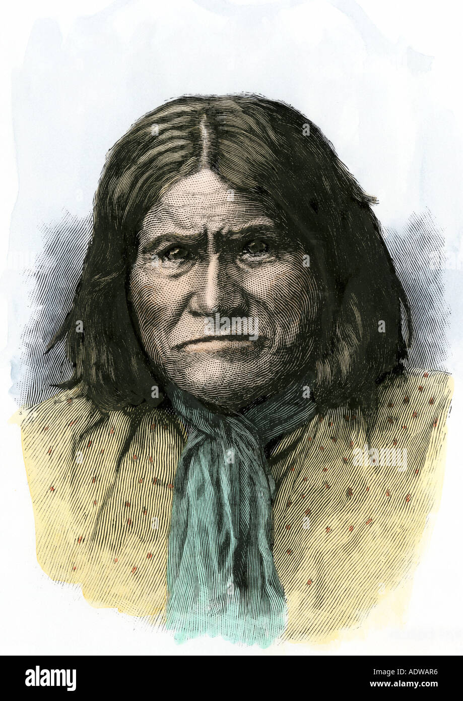 Apache chief Geronimo auch als Goyathlay 1880s bekannt. Hand - farbige Holzschnitt Stockfoto