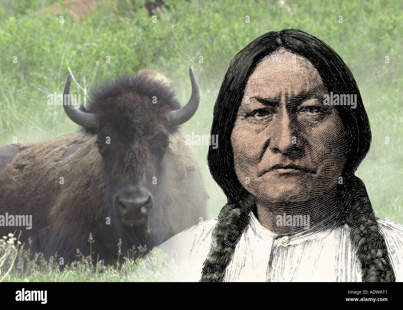 Sioux leader Sitting Bull. Hand - farbige Holzschnitt mit einem Foto kombiniert Stockfoto