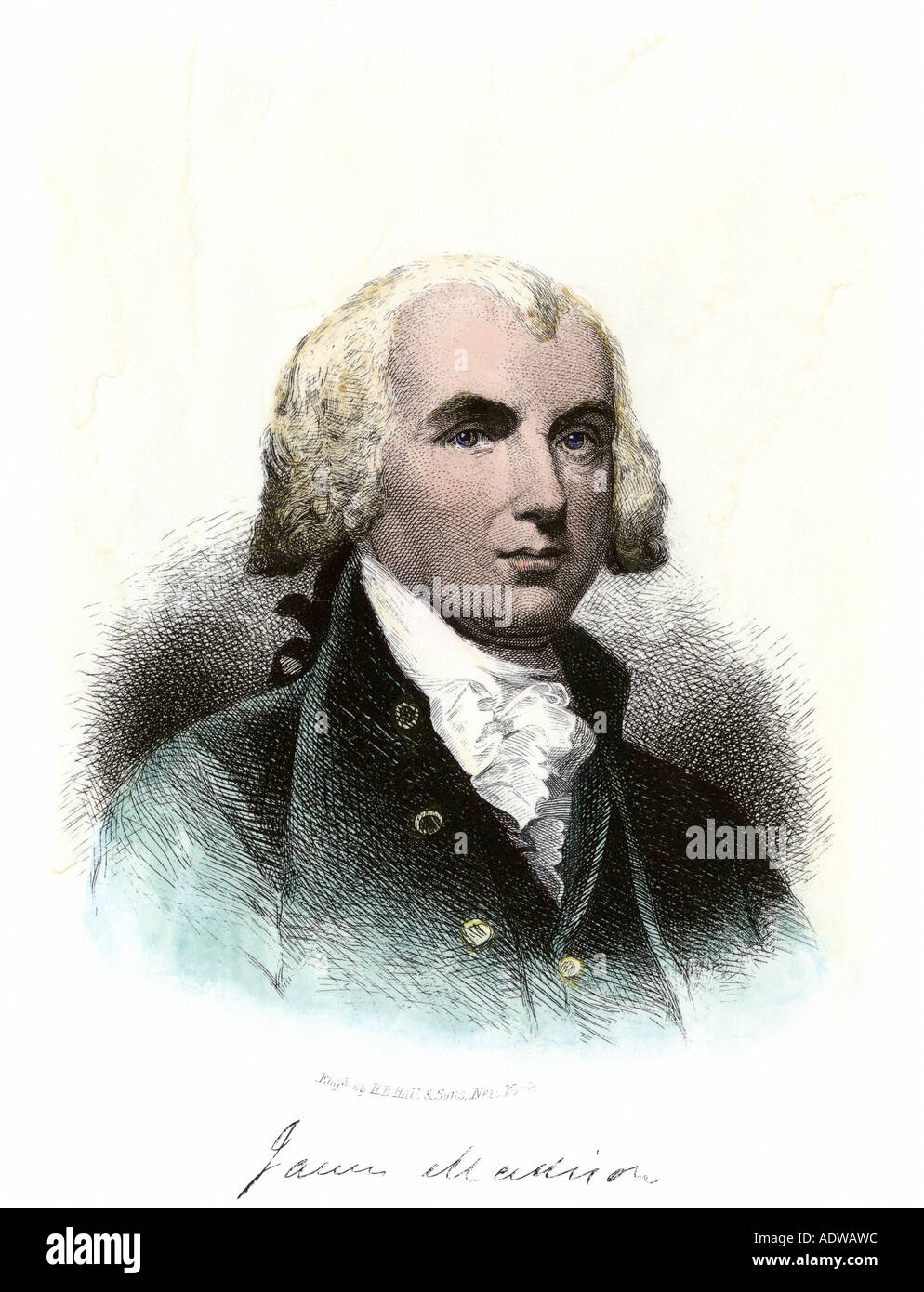 James Madison Portrait mit Autogramm. Handcolorierte Stahlstich Stockfoto