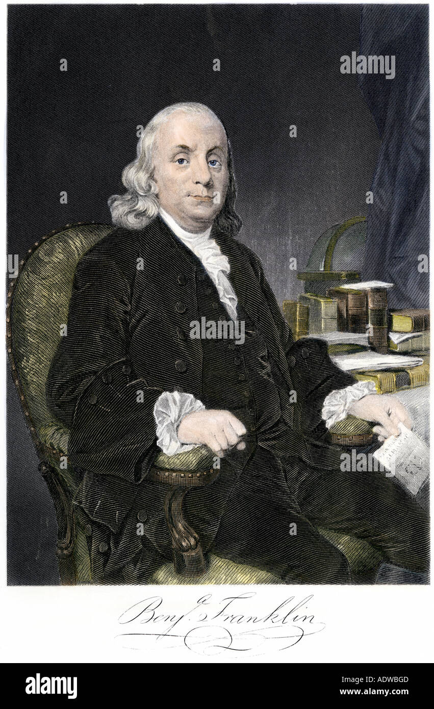 Benjamin Franklin mit Autogramm sitzt. Handcolorierte Stahlstich eines Gemäldes von Chappel Stockfoto