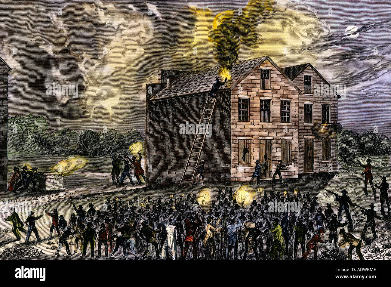 Proslavery Randalierer brennen die Druckerei der abolitionistischen Elia P Lovejoy in Alton Illinois 1835. Hand - farbige Holzschnitt Stockfoto