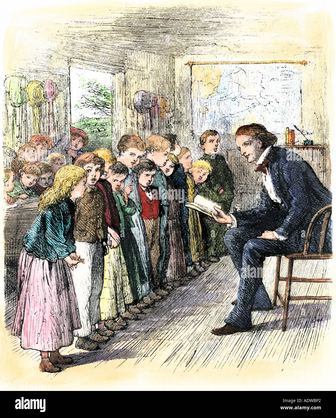 Schüler rezitiert Poesie in eine Schule, 1800. Hand - farbige Holzschnitt Stockfoto