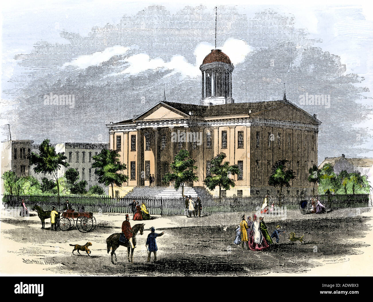 Illinois Statehouse in Springfield 1850. Hand - farbige Holzschnitt Stockfoto