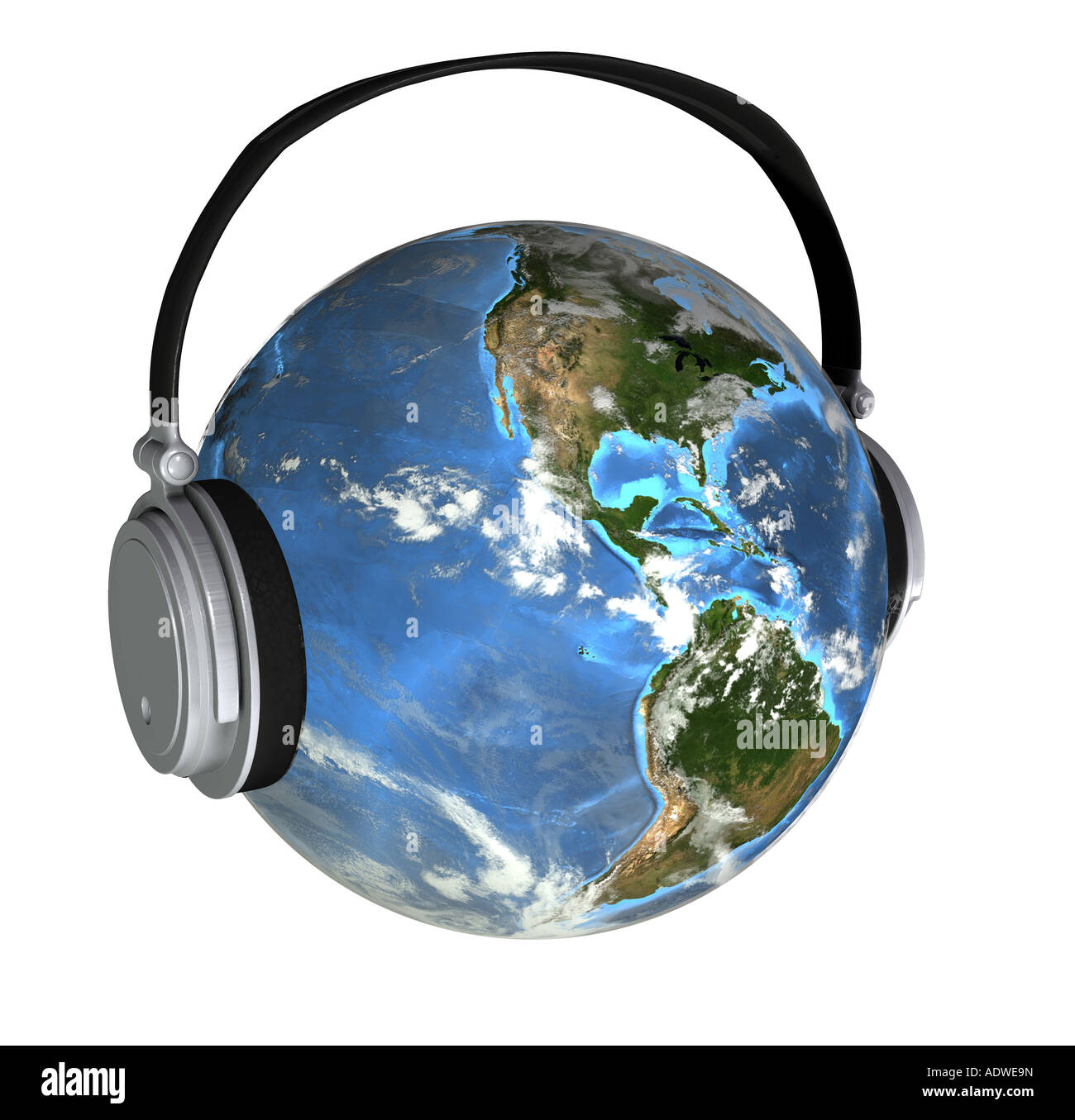 Erde mit Gehörschutz als Symbol für die Lärmbelastung Stockfoto