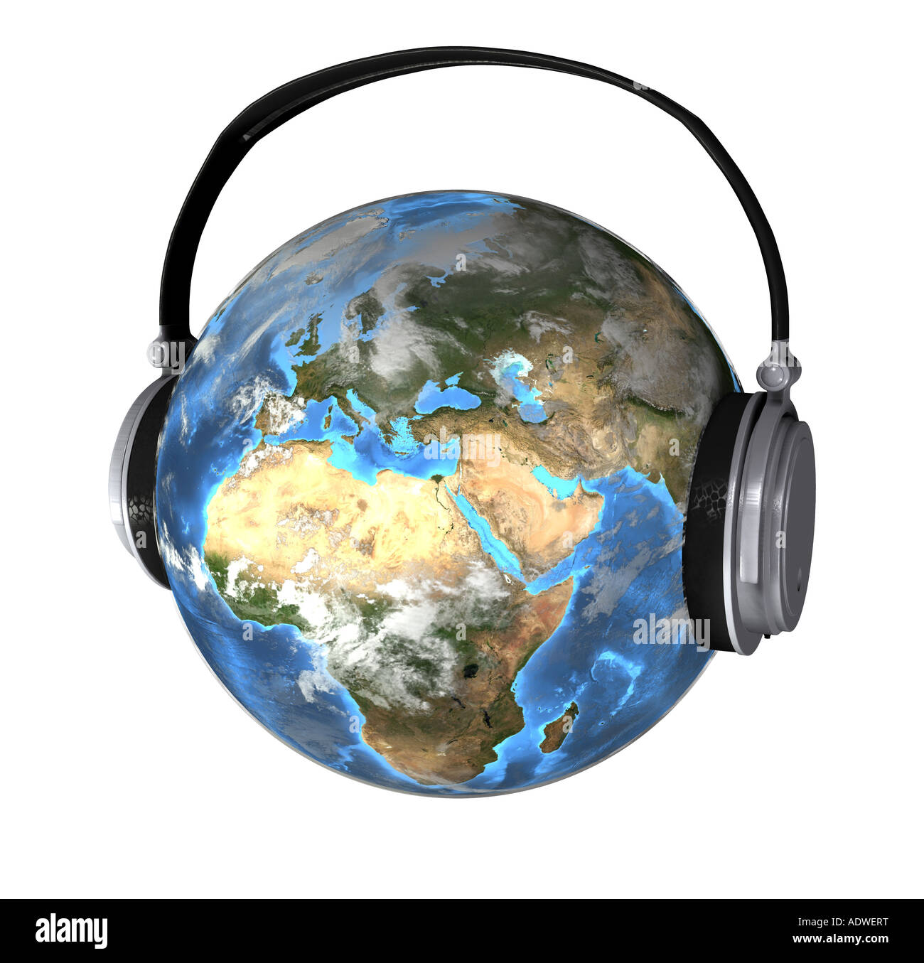Erde mit Gehörschutz als Symbol für die Lärmbelastung Stockfoto