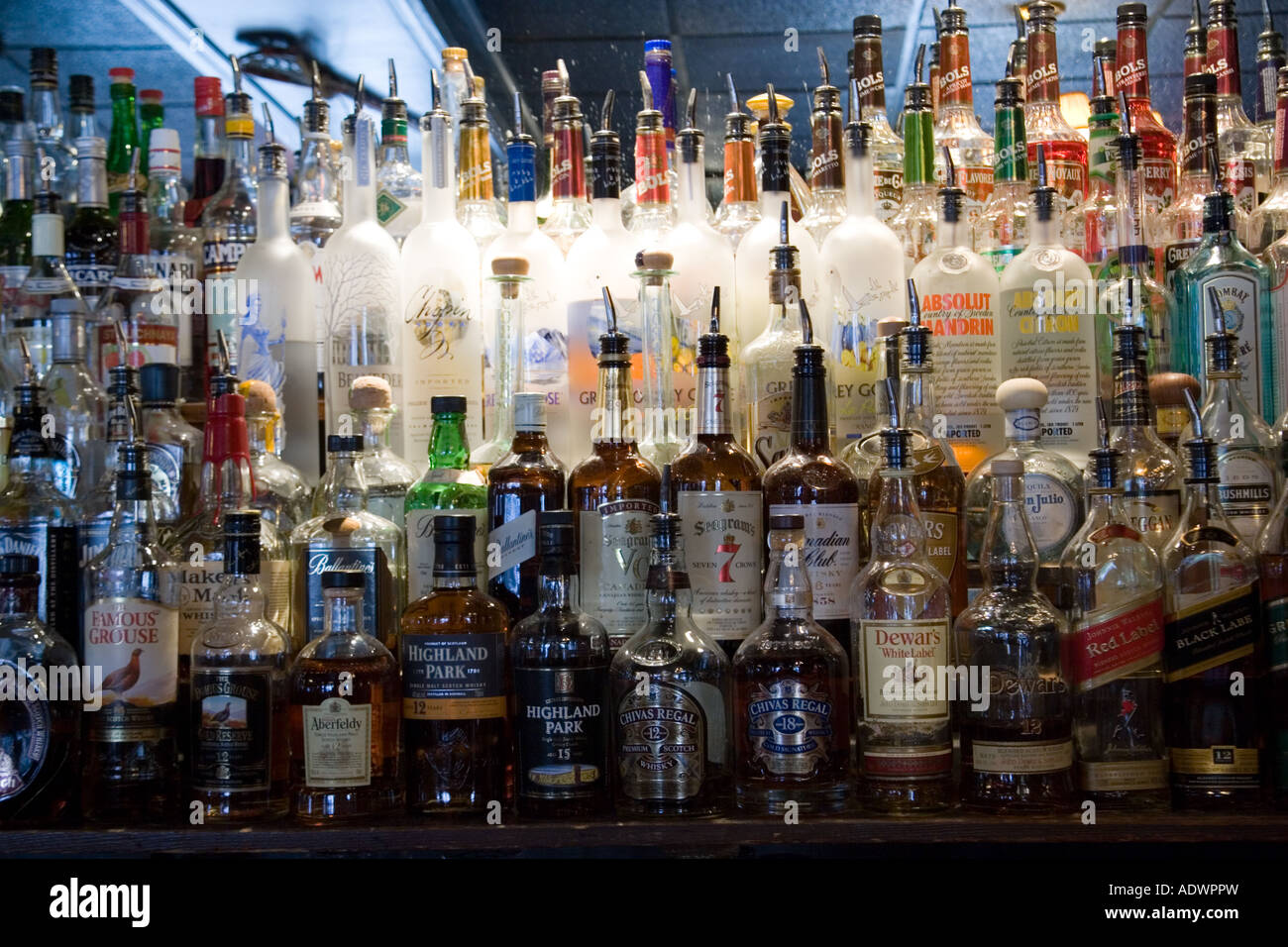 Geist und Whisky-Flaschen aufgereiht entlang bar Georgetown Washington DC USA Stockfoto