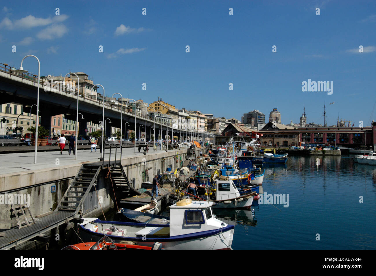 Angelboote/Fischerboote vertäut im Hafen Genua Italien Stockfoto