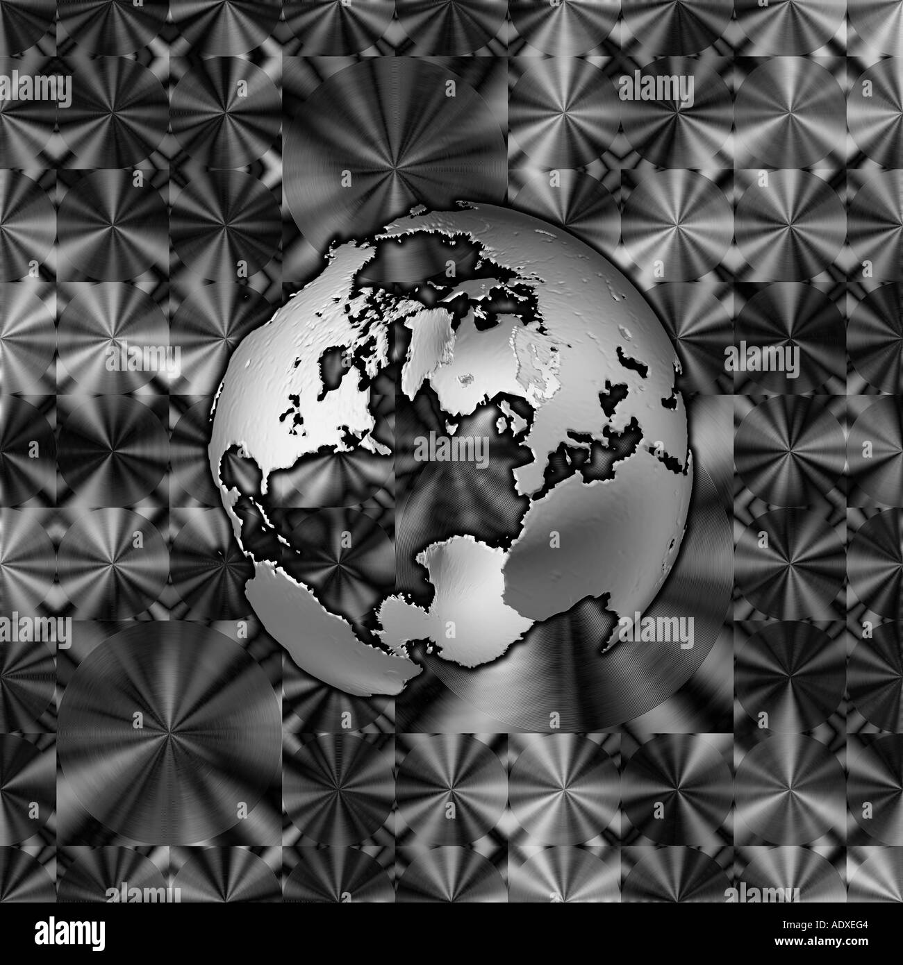 Stilisierte Earth-Modell auf einem gemusterten harte Metall Hintergrund Stockfoto