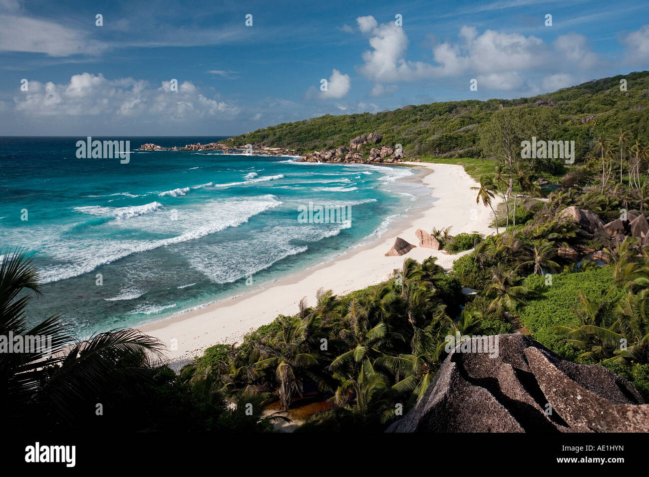 Der idyllische Strand von Grande Anse La Digue Island Seychellen Stockfoto