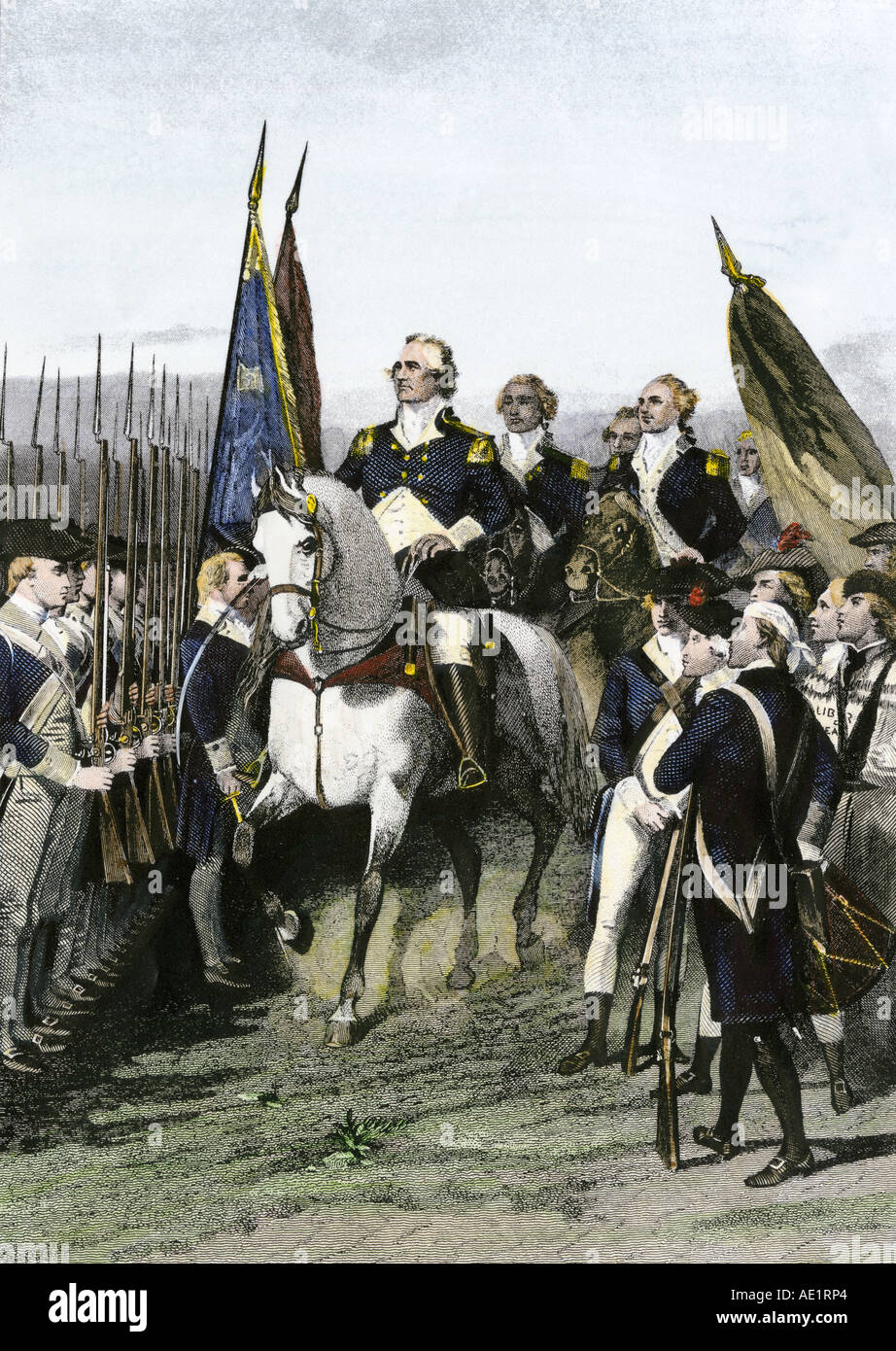 Befehl George Washington unter der Kontinentalen Armee zu Beginn der Amerikanischen Revolution. Handcolorierte Stahlstich Stockfoto