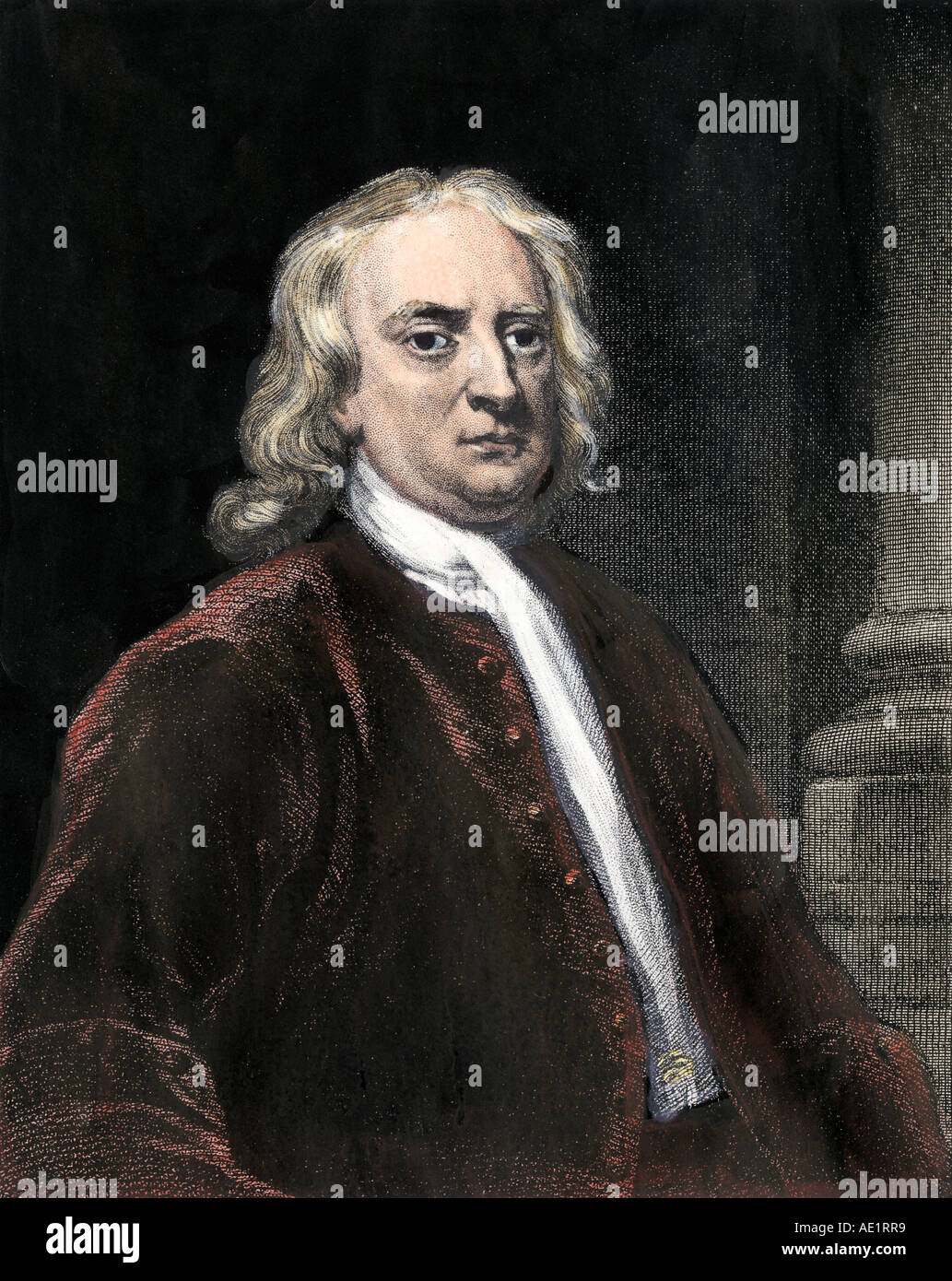Sir Isaac Newton. Handcolorierte Stahlstich Stockfoto