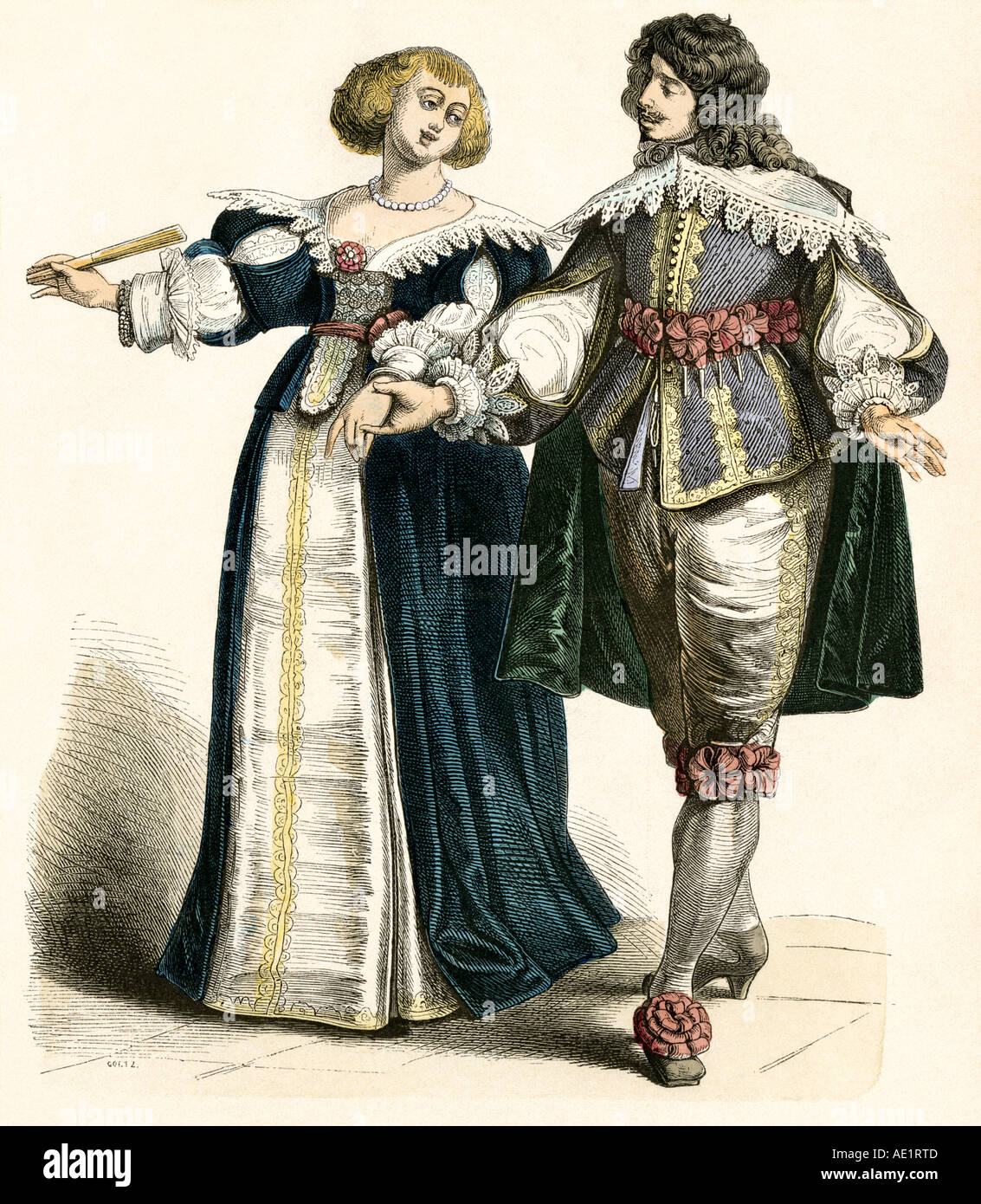 Modische europäischen Paar von 1600. Hand-farbig drucken Stockfoto