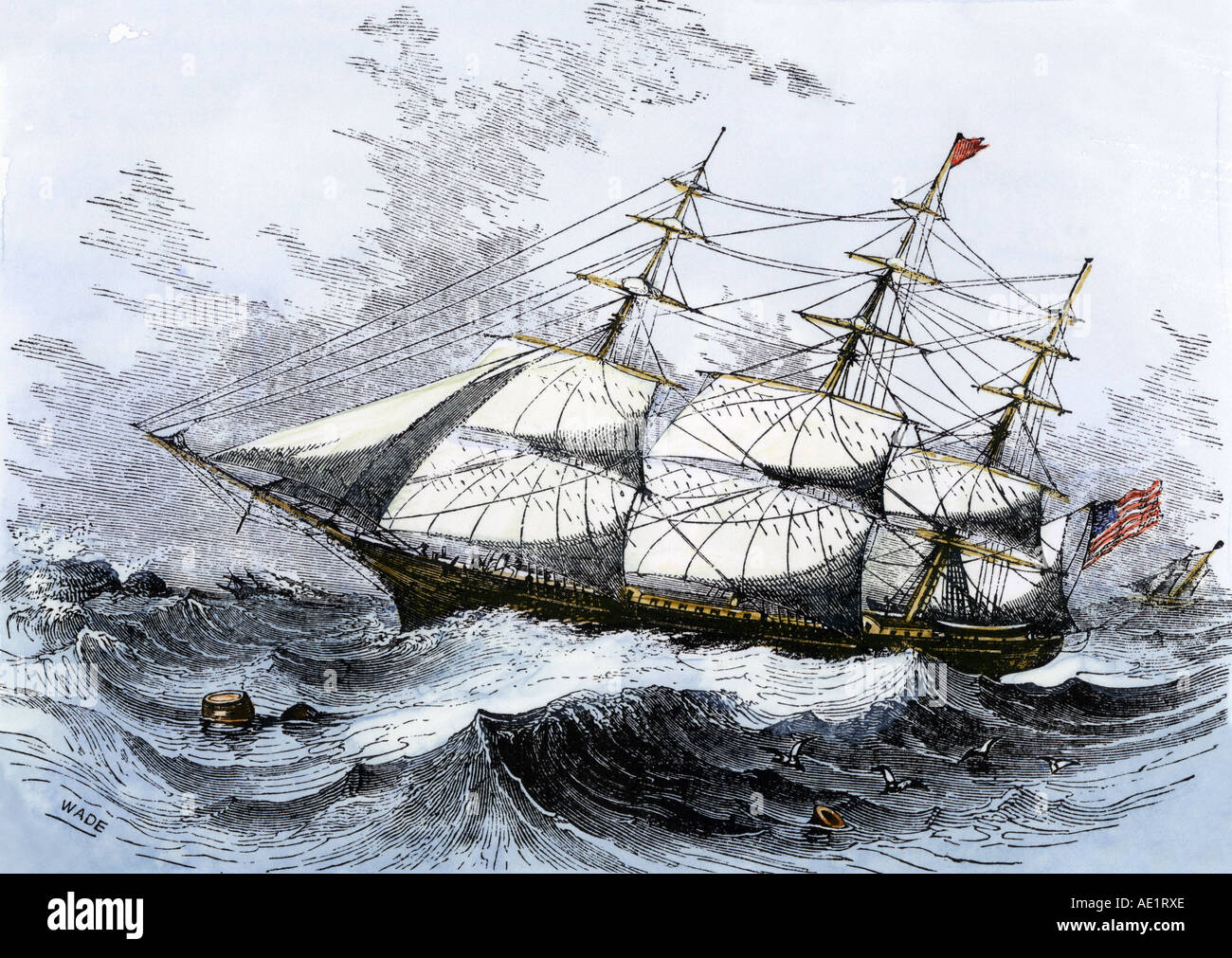Die amerikanischen Clipper Ship schließen - auf einem Tieflader transportiert Wind 1800. Hand - farbige Holzschnitt Stockfoto