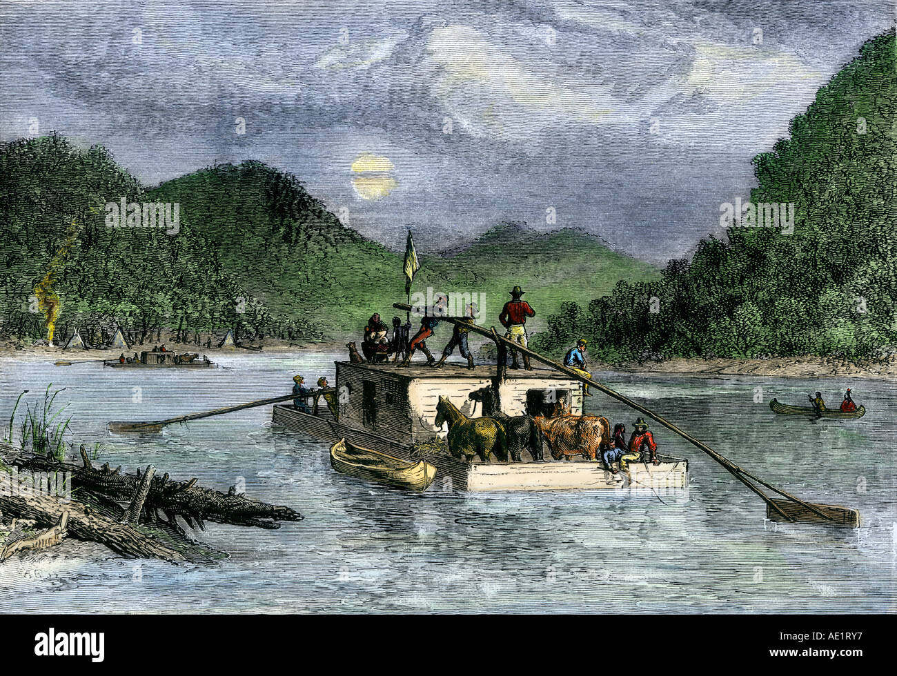 Plattbodenschiff von Siedlern absteigend den Ohio River 1800. Hand - farbige Holzschnitt Stockfoto