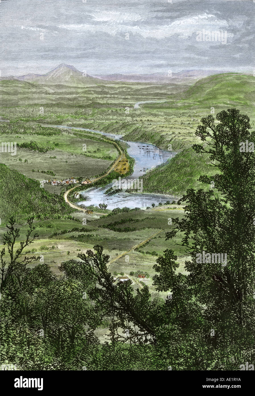 Potomac River in der Nähe von Harpers Ferry WV, von Maryland Heights 1800 gesehen. Hand - farbige Holzschnitt Stockfoto