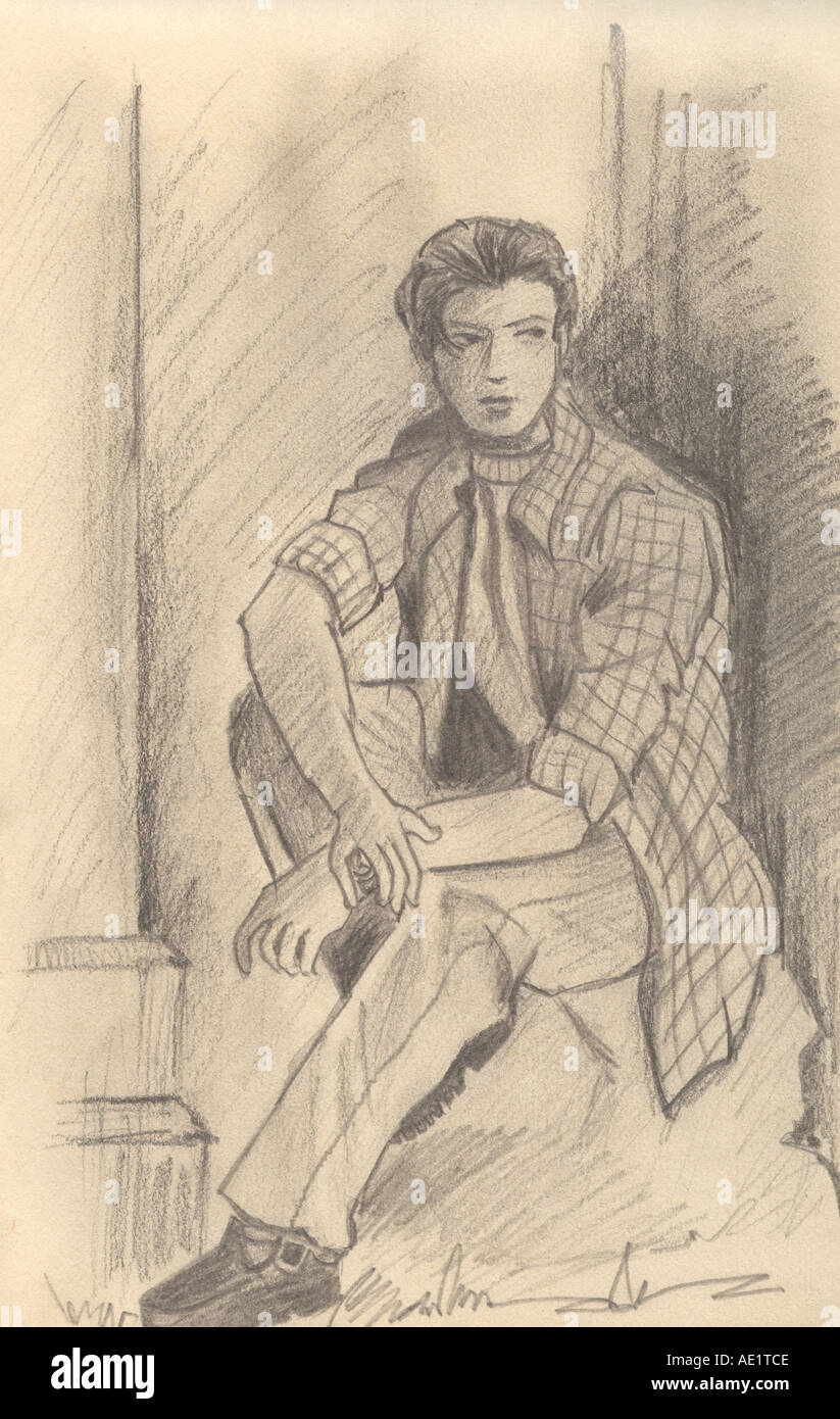 ARS71042 Malerei Illustration Zeichnung schwarz / weiß Monochrom Skizze der indischen Mann sitzt auf Stein Indien Stockfoto