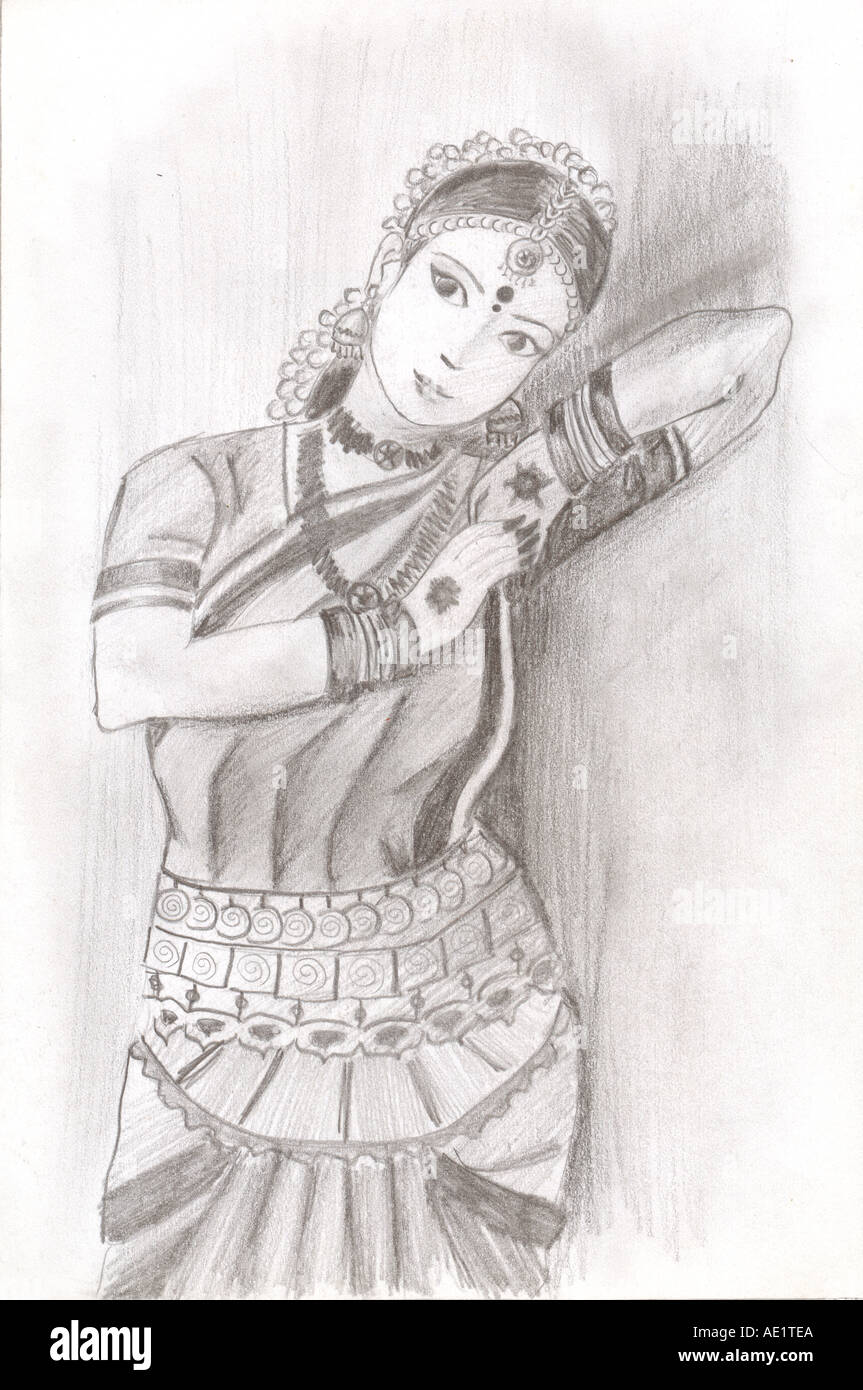 ARS71009 Malerei Illustration Zeichnung Schwarz / Weiß Monochrome Dame tun Bharatnatyam indischen klassischen Tanz Indien Stockfoto