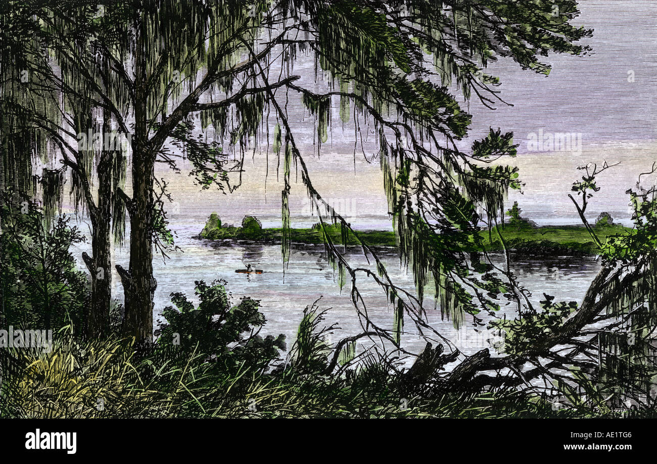 Native American Kanu auf den Savannah River bei James Oglethorpe besucht 1700. Hand - farbige Holzschnitt Stockfoto
