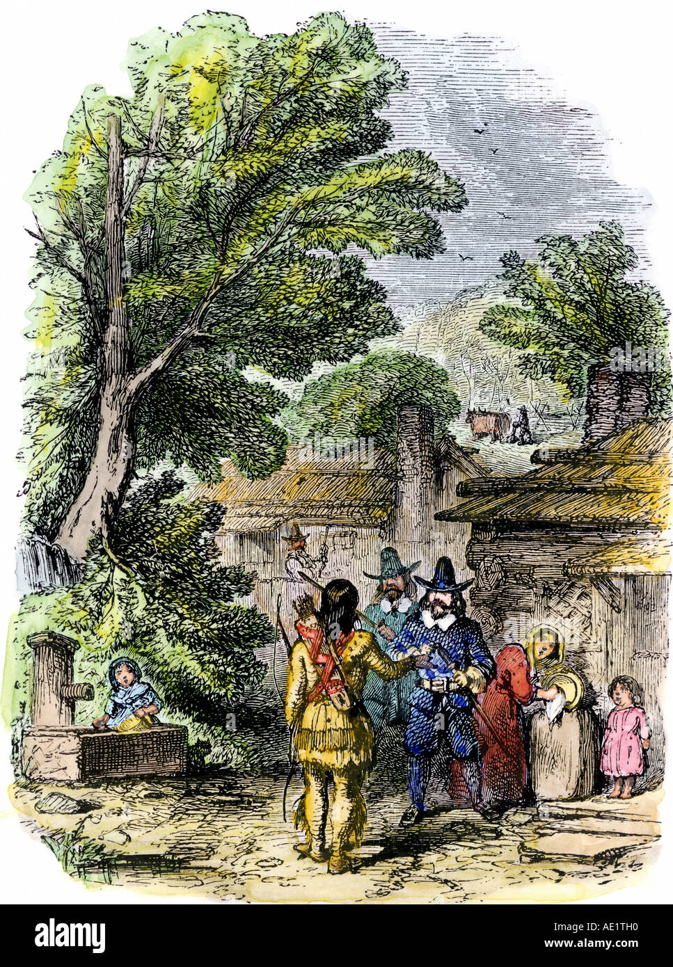 Willkommen Engländer Squanto grüsst die Pilger in Plymouth Kolonie. Hand - farbige Holzschnitt Stockfoto
