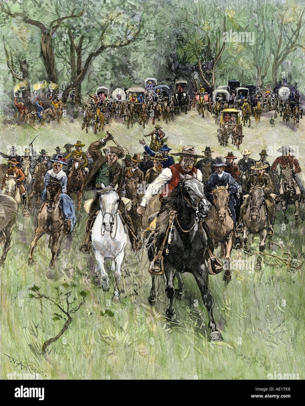 Die bergmänner Galopp auf das Startsignal für die Oklahoma Land Rush 1891. Hand - farbige Holzschnitt Stockfoto