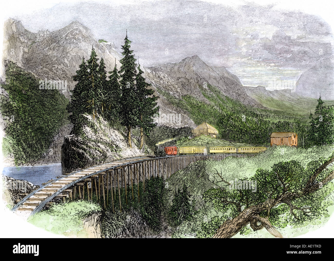 Eisenbahn Bock in der Cascade Mountains von Oregon 1866. Hand - farbige Holzschnitt Stockfoto