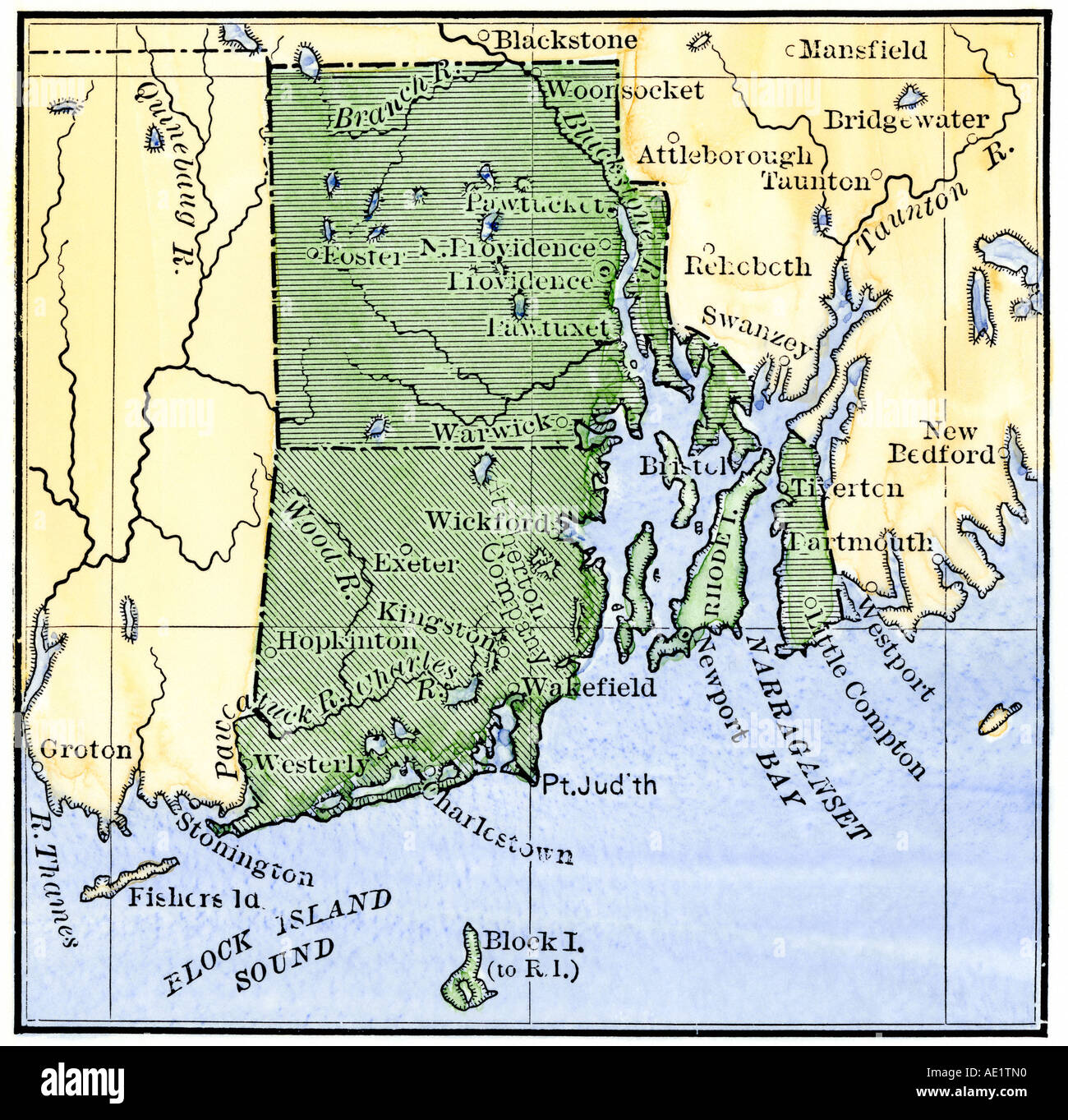Karte von Rhode Island, in dem die umstrittenen kolonialen Grenzen 1660s. Hand - farbige Holzschnitt Stockfoto