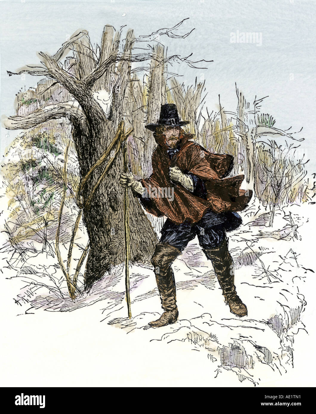 Roger Williams Flug durch die Wildnis der Massachusetts Bay Colony nach Rhode Island. Hand - farbige Holzschnitt Stockfoto