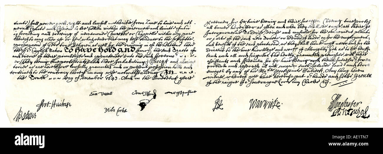 Signaturen und schließen Sätze der Narragansett Patent Rhode Island Colonial Charter 1643. Holzschnitt mit einem Aquarell waschen Stockfoto