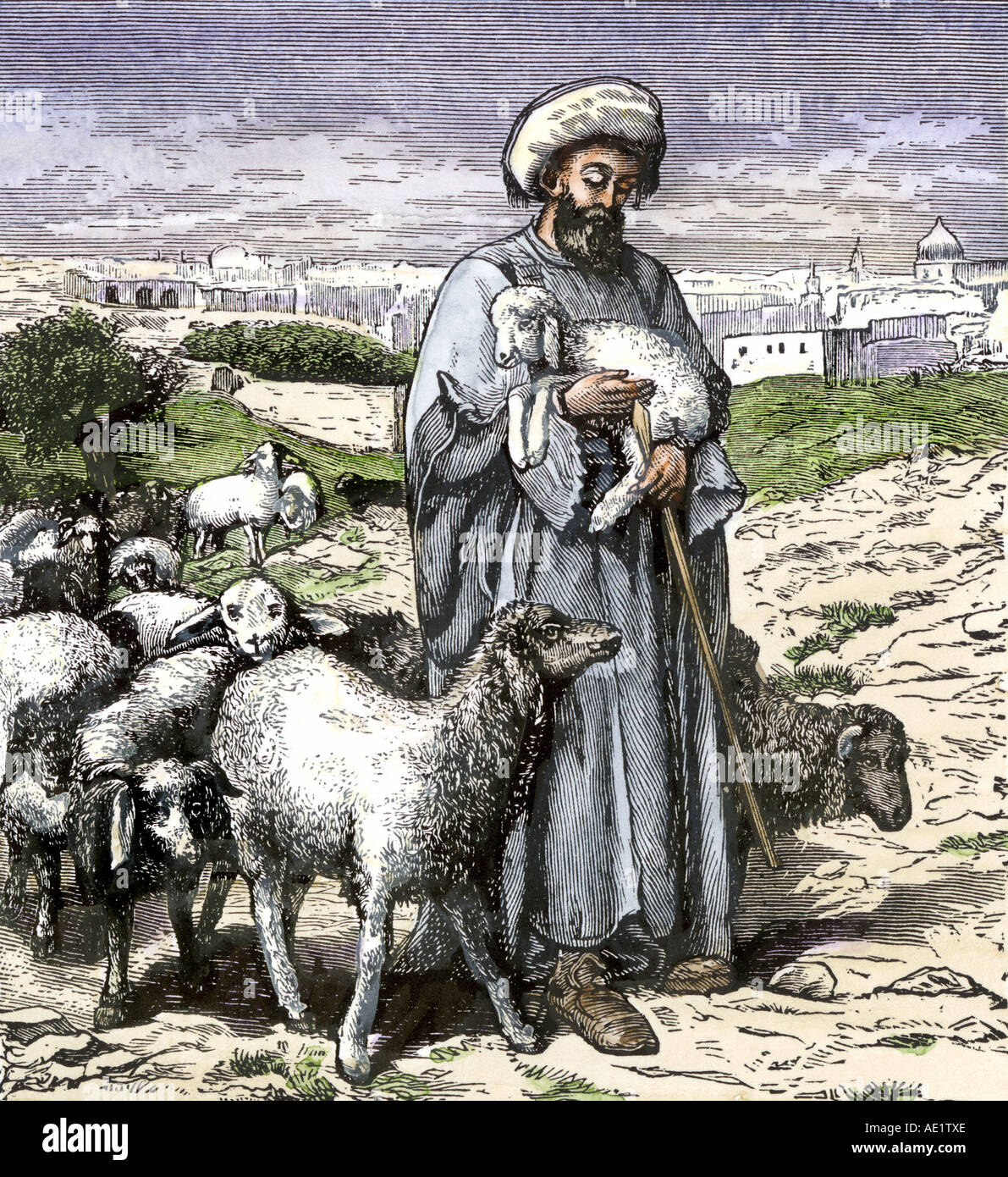 Hirte mit Lamm. Hand - farbige Holzschnitt Stockfoto