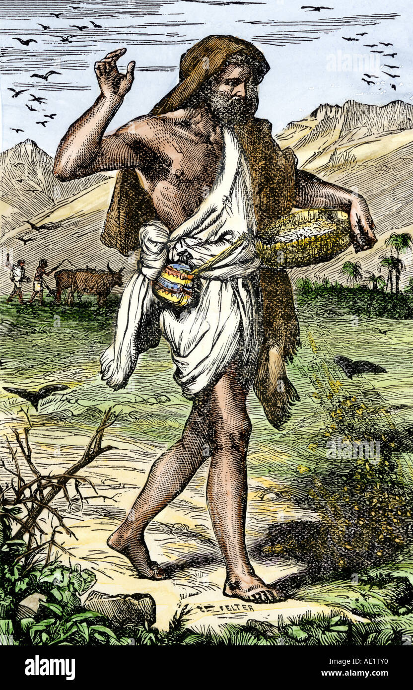 Landwirt in der antiken Nahen Osten Aussaat von Getreide. Hand - farbige Holzschnitt Stockfoto