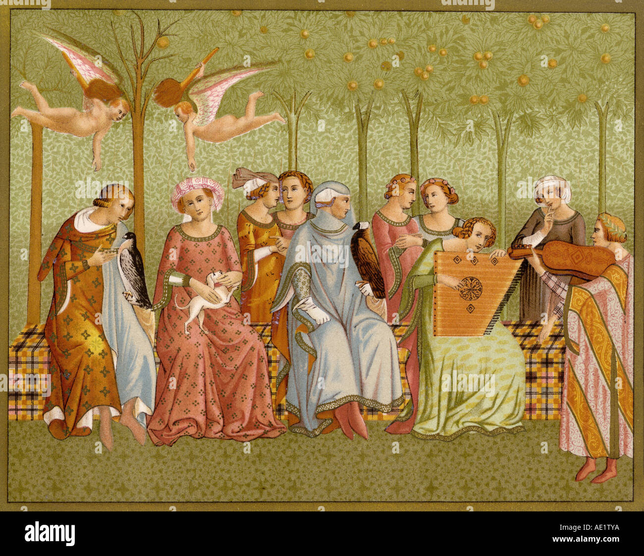 Traum vom Leben einer Idealisierung der italienischen Gesellschaft im 14. Jahrhundert. Farblithographie eines Orcagna Malerei Stockfoto