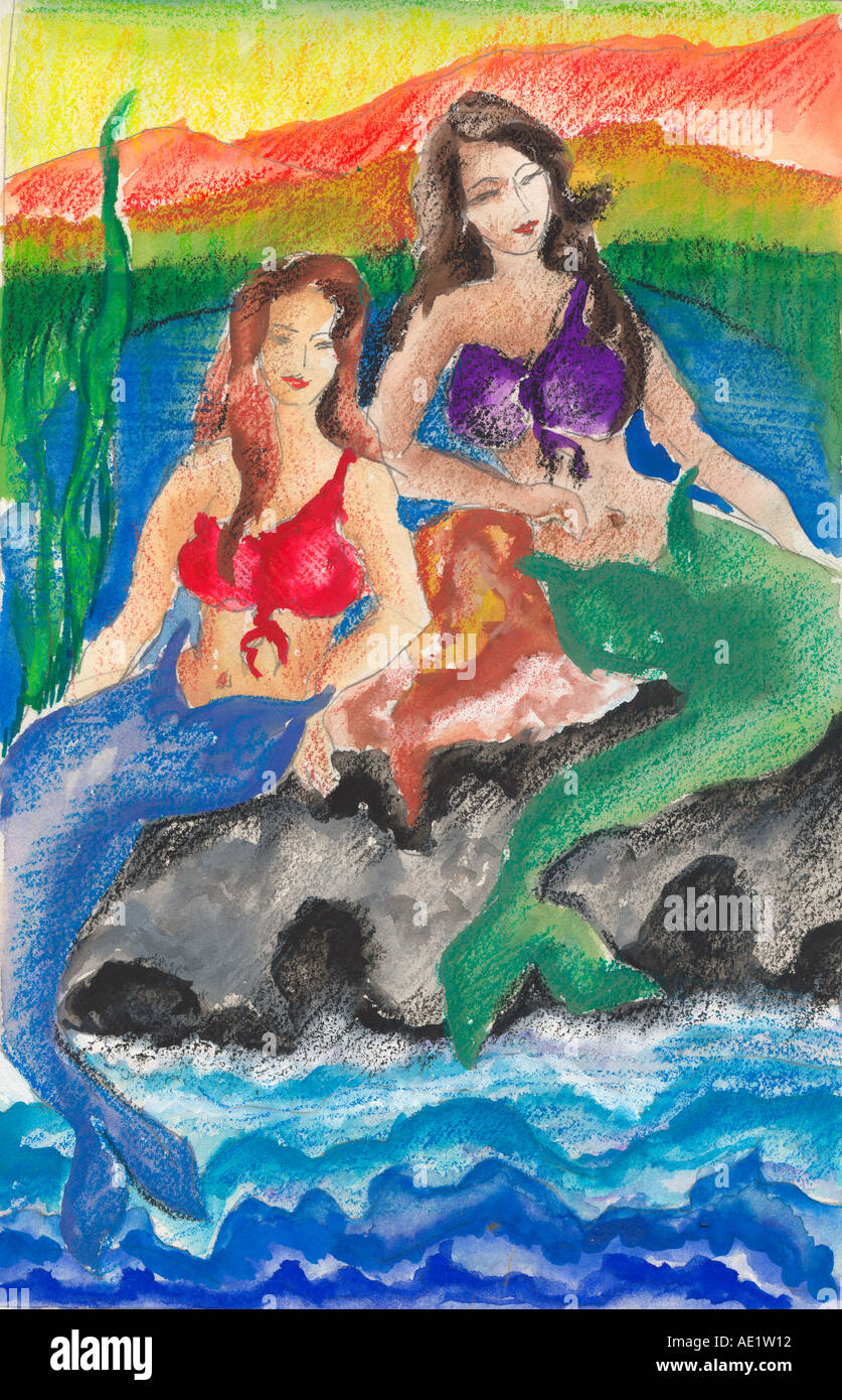 ARS71015 Malerei Illustration Zeichnung Farbe der beiden Frauen Meerjungfrauen auf Stein in der Nähe von Meer Indien sitzend Stockfoto