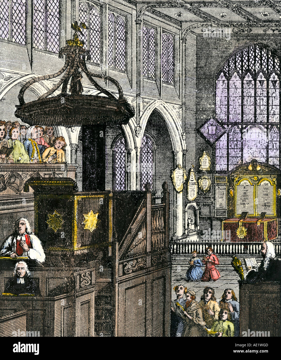 St. Margaret's Church Westminster zwischen 1692 und 1720. Hand - farbige Holzschnitt Stockfoto