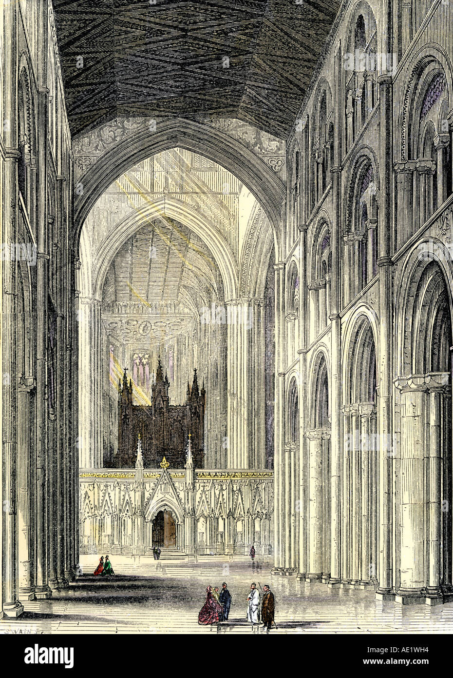 Kirchenschiff von einem englischen Kathedrale. Hand - farbige Holzschnitt Stockfoto Kirchenschiff von einem englischen Kathedrale. Hand - farbige Holzschnitt Stockfoto