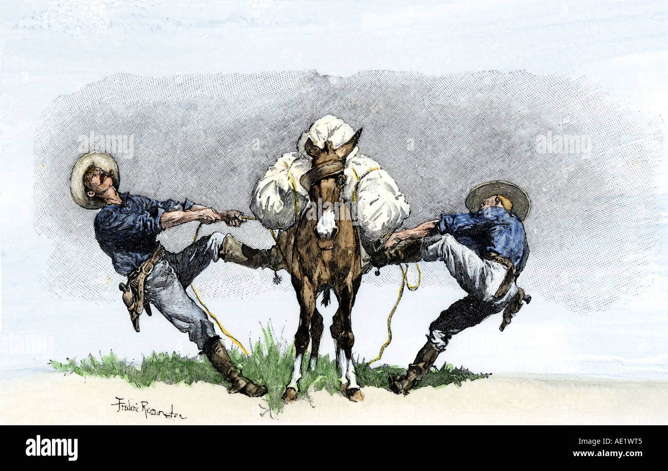 Patienten pack Mule durch US-Truppen im Westen geladen, Ende 1800. Hand - farbige Holzschnitt von Frederic Remington Abbildung Stockfoto