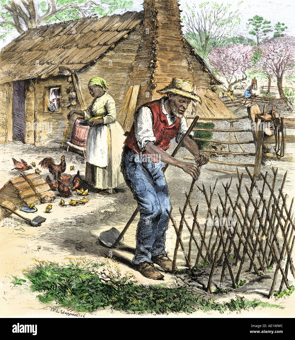 Afrikaner - der ehemaligen Sklaven das Einpflanzen einer Garten außerhalb ihrer Kabine in Virginia, um 1870. Hand - farbige Holzschnitt Stockfoto