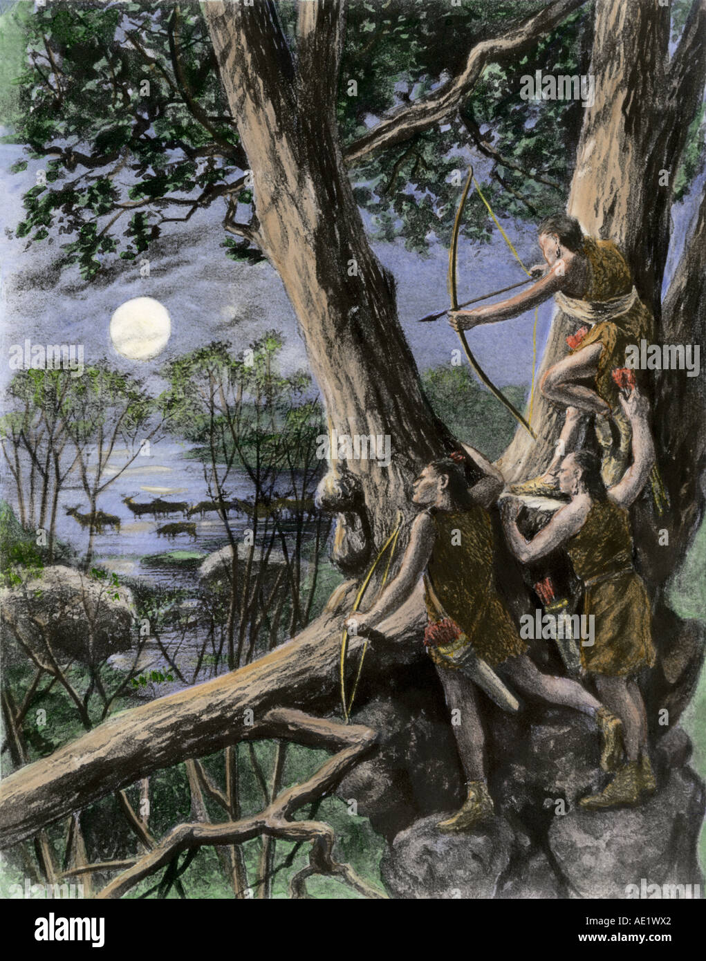 Prähistorische Indianer Jagd Rehe bei Mondschein mit Pfeil und Bogen. Handcolorierte photogravure einer Abbildung Stockfoto